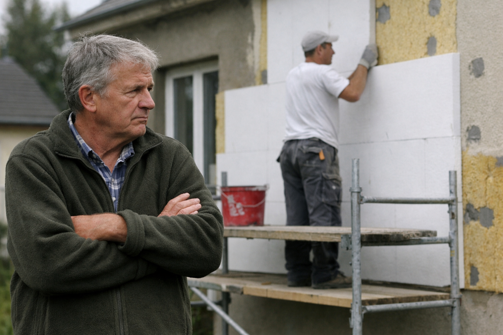 Isolation thermique par l'extérieur sur façade de maison, débat entre propriétaires sur avantages et inconvénients