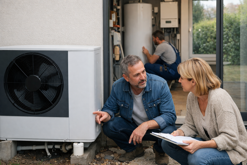 Technicien expliquant une pompe à chaleur à cliente