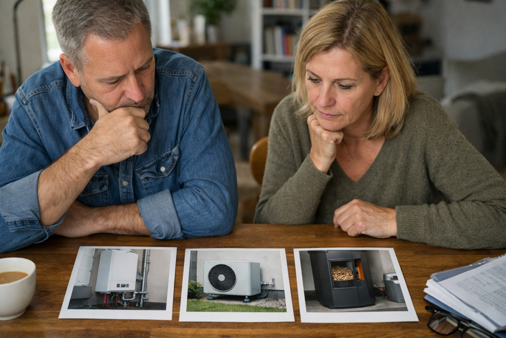 Homme et femme examinant des photos d'aménagement intérieur