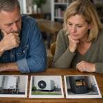Homme et femme examinant des photos d'aménagement intérieur