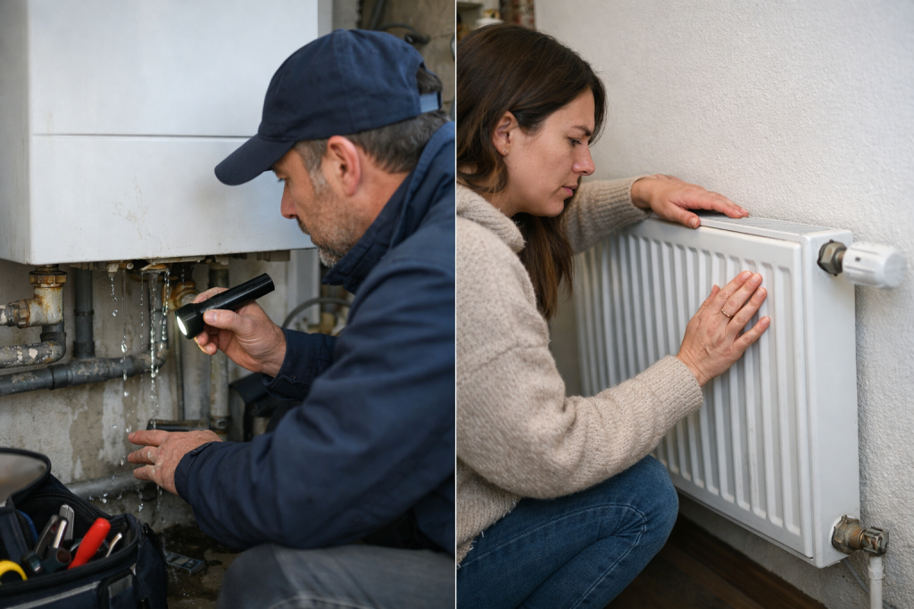 Plombier utilisant une lampe pour réparer la tuyauterie sous l'évier Femme ajustant le robinet d'un radiateur domestique