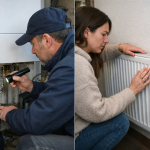 Plombier utilisant une lampe pour réparer la tuyauterie sous l'évier Femme ajustant le robinet d'un radiateur domestique