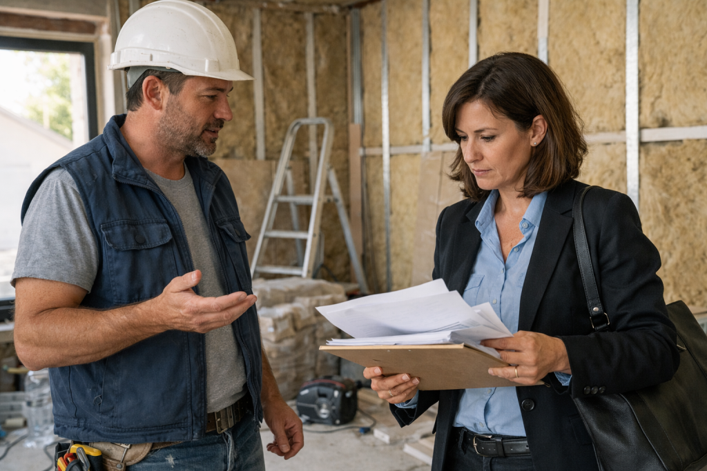 Homme en casque et femme examinant des documents sur chantier