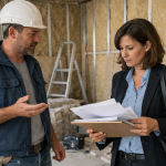 Homme en casque et femme examinant des documents sur chantier