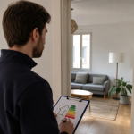 Homme de dos tenant dossier avec graphiques dans un salon