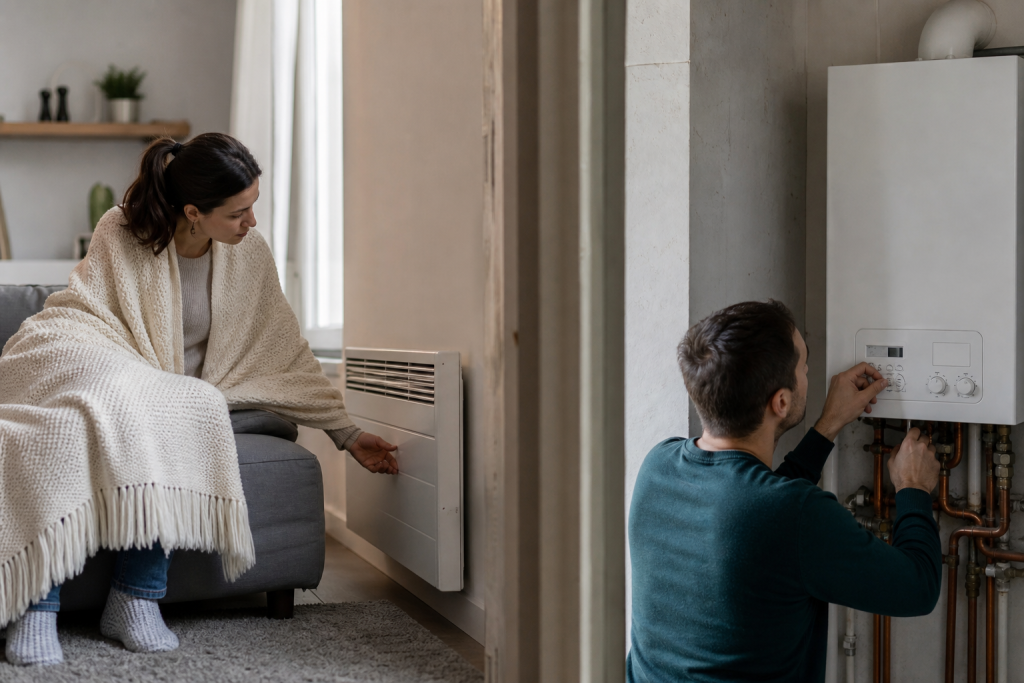Femme ajustant un radiateur mural, enfant jouant à côté