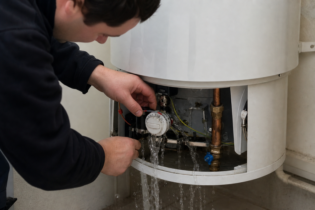 Technicien ajustant le manomètre d'un chauffe-eau qui fuit