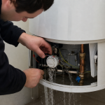Technicien ajustant le manomètre d'un chauffe-eau qui fuit