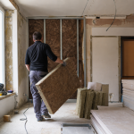 ouvrier portant panneau d'isolation dans pièce en rénovation