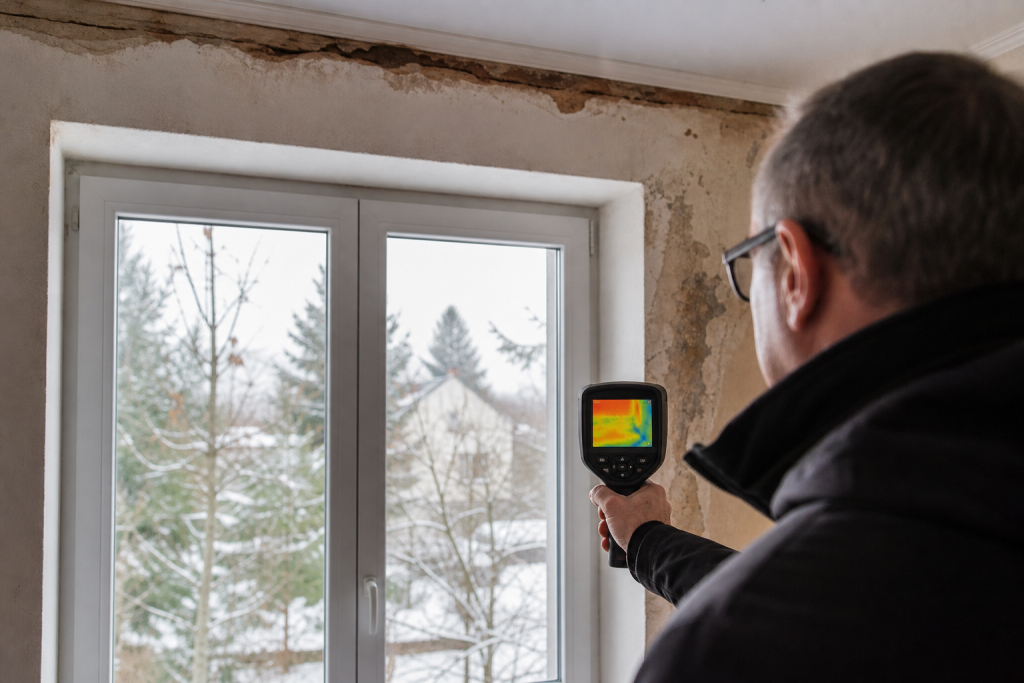 Homme tenant une caméra thermique visant une fenêtre