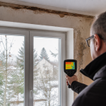 Homme tenant une caméra thermique visant une fenêtre