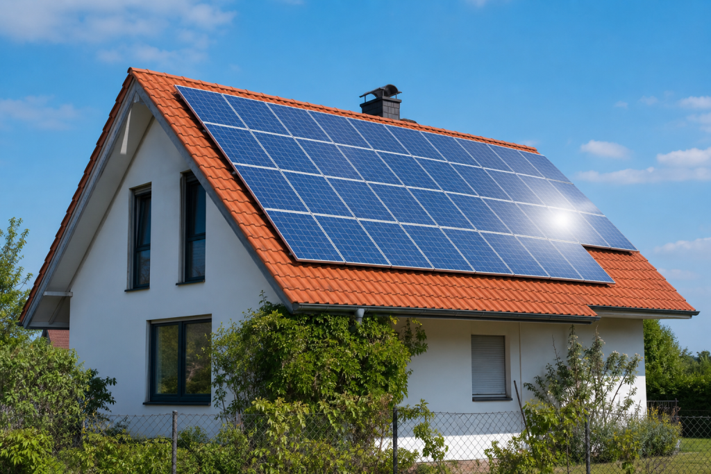 Maison avec panneaux solaires sur toit rouge